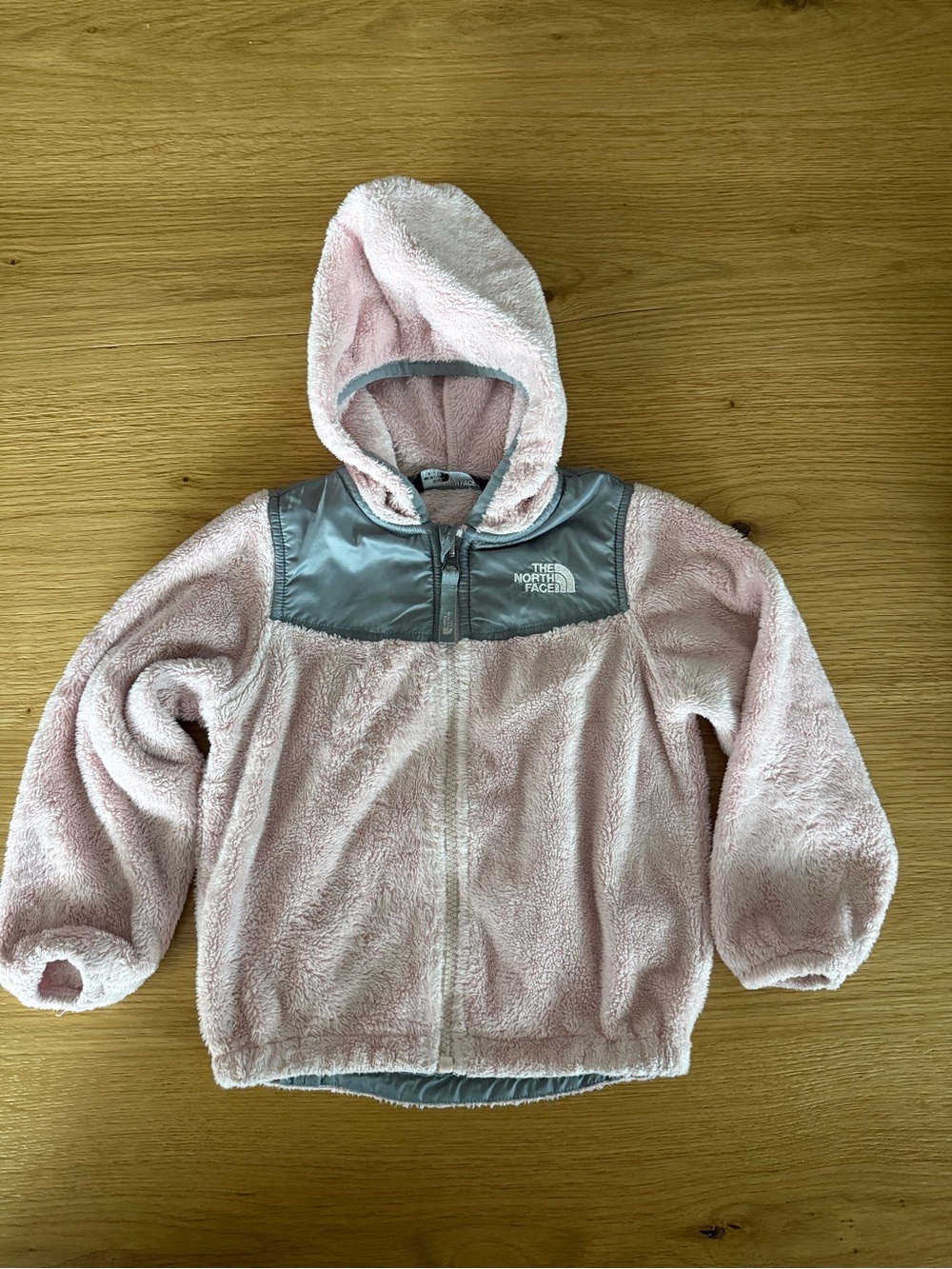 The North Face Pink Sherpa Hoodie with Gray Trim
